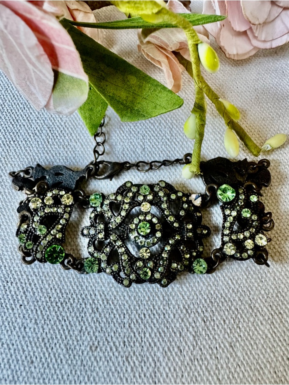 VIDA Black Antiqued Statement Green Rhinestone Wide Gothic Filigree Bracelet